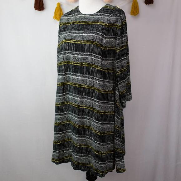 H&M Black Yellow Geometric Stripe 3/4 Sleeve Swing Mini Dress 12 Women's - Picture 1 of 5